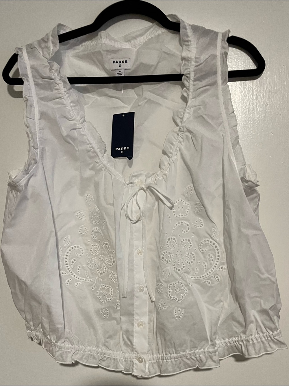 Parke x Target White Eyelet Ruffle Tie-Front Sleeveless Top